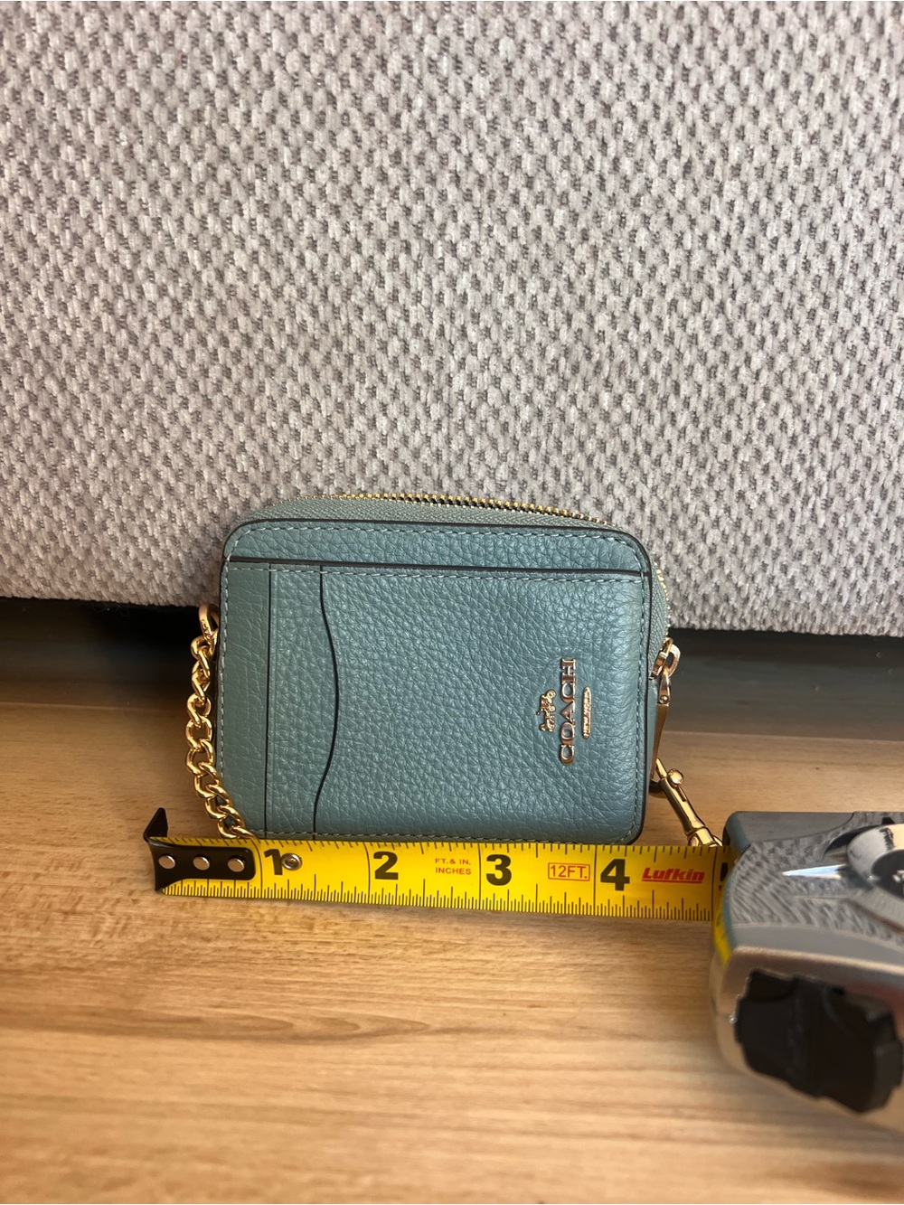 Coach Teal Pebbled Leather Mini Crossbody Wallet with Gold Chain